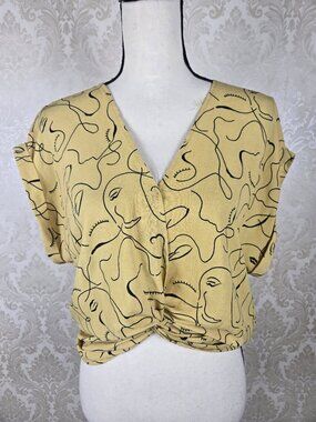 Sweet Rain Size Small Yellow Blouse Black Abstract Face Line Print Front Twist